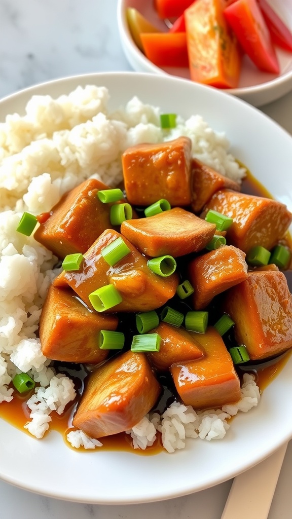 Filipino Pork Adobo served with rice and pickled vegetables, showcasing tender pork in a savory sauce.